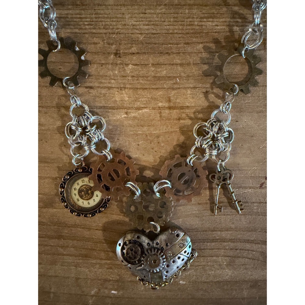 Steampunk Heart Gear Statement Necklace Mixed Metal Watch Face Key Charms - Picture 2 of 4
